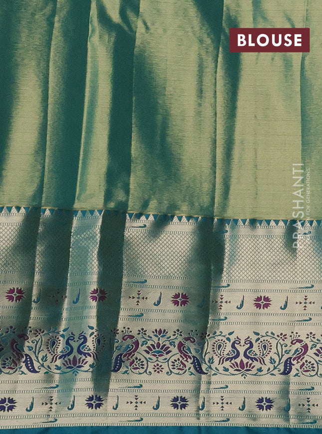 Tissue paithani silk saree peach pink and teal green with allover silver zari woven brocade weaves and long zari woven paithani style border