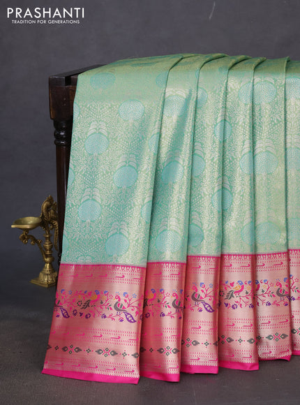 Tissue paithani silk saree teal shade and pink with allover zari woven brocade weaves and zari woven paithani style border