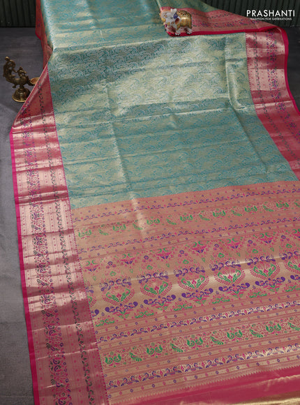 Tissue paithani silk saree teal shade and pink with allover zari woven brocade weaves and zari woven paithani style border