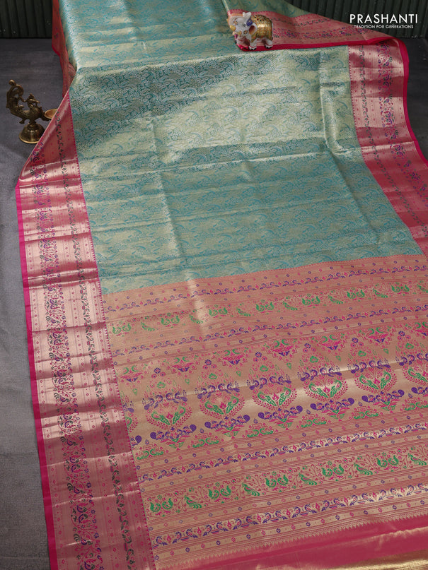 Tissue paithani silk saree teal shade and pink with allover zari woven brocade weaves and zari woven paithani style border