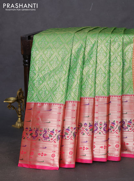 Tissue paithani silk saree light green and pink with allover silver zari woven brocade weaves and long zari woven paithani style border