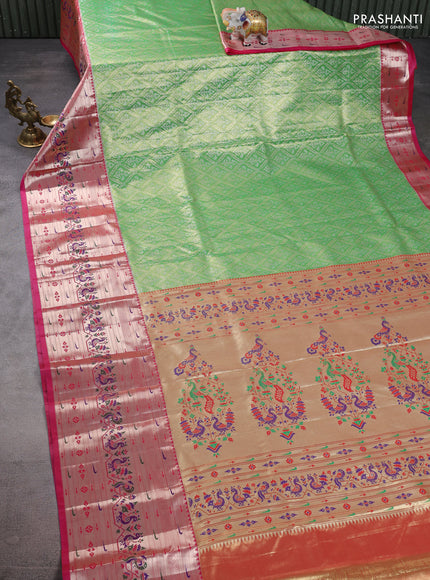 Tissue paithani silk saree light green and pink with allover silver zari woven brocade weaves and long zari woven paithani style border