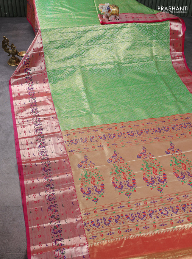 Tissue paithani silk saree light green and pink with allover silver zari woven brocade weaves and long zari woven paithani style border