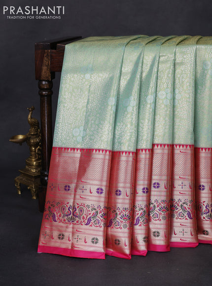 Tissue paithani silk saree pastel green and pink with allover silver zari woven brocade weaves and long zari woven paithani style border