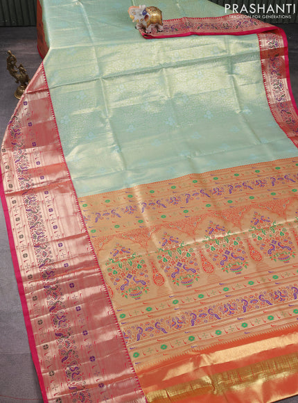 Tissue paithani silk saree pastel green and pink with allover silver zari woven brocade weaves and long zari woven paithani style border