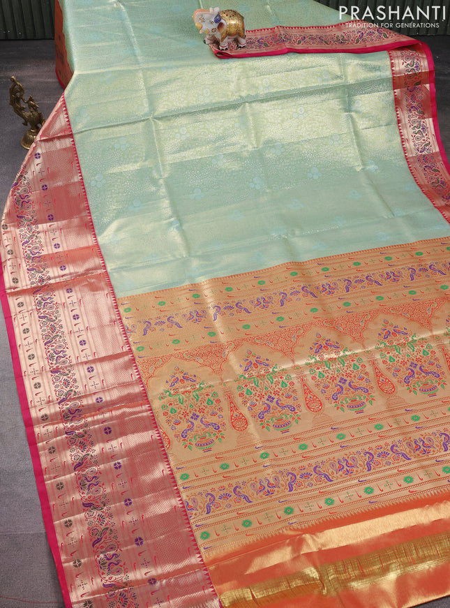 Tissue paithani silk saree pastel green and pink with allover silver zari woven brocade weaves and long zari woven paithani style border