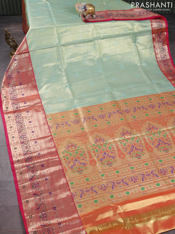 Tissue paithani silk saree pastel green and pink with allover silver zari woven brocade weaves and long zari woven paithani style border