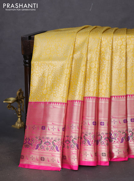 Tissue paithani silk saree yellow and pink with allover silver zari woven brocade weaves and long zari woven paithani style border
