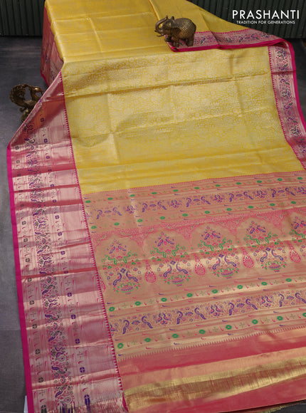 Tissue paithani silk saree yellow and pink with allover silver zari woven brocade weaves and long zari woven paithani style border