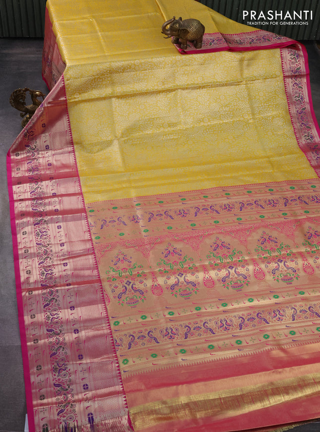 Tissue paithani silk saree yellow and pink with allover silver zari woven brocade weaves and long zari woven paithani style border
