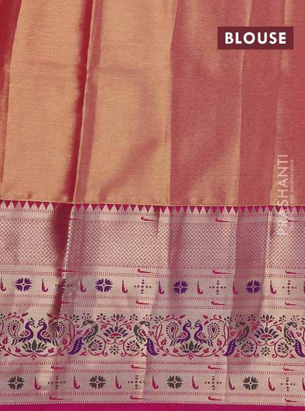 Tissue paithani silk saree yellow and pink with allover silver zari woven brocade weaves and long zari woven paithani style border
