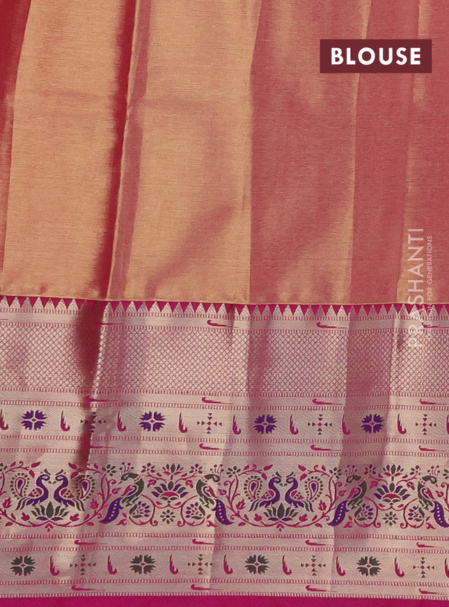 Tissue paithani silk saree yellow and pink with allover silver zari woven brocade weaves and long zari woven paithani style border