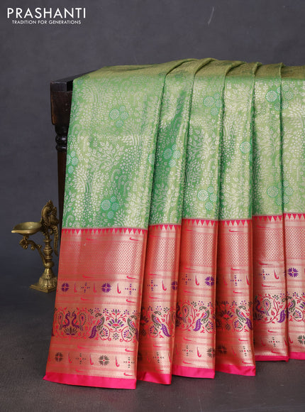 Tissue paithani silk saree light green and pink with allover silver zari woven brocade weaves and long zari woven paithani style border