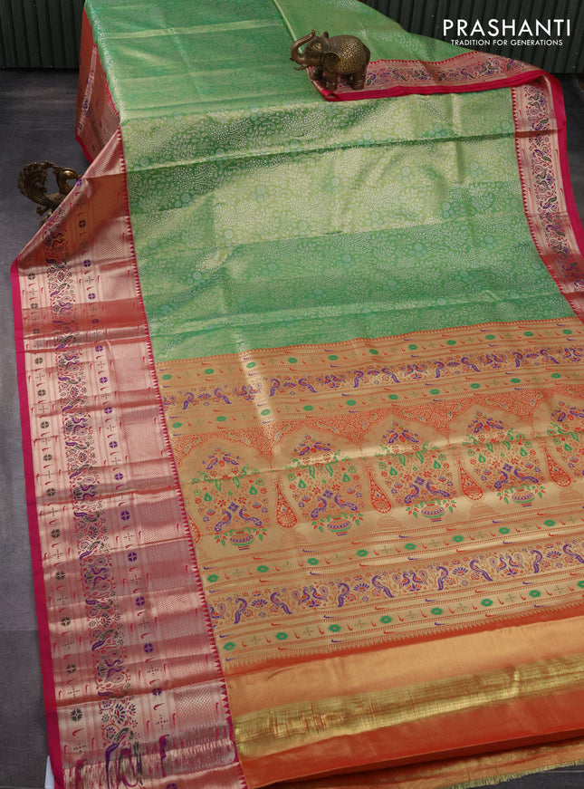 Tissue paithani silk saree light green and pink with allover silver zari woven brocade weaves and long zari woven paithani style border
