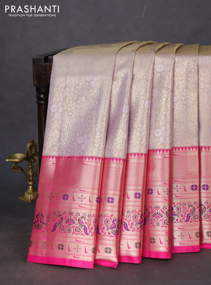 Tissue paithani silk saree dual shade of pastel lavender and pink with allover silver zari woven brocade weaves and long zari woven paithani style border