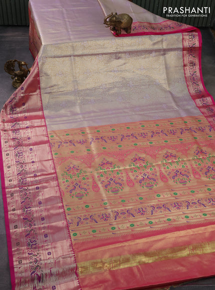 Tissue paithani silk saree dual shade of pastel lavender and pink with allover silver zari woven brocade weaves and long zari woven paithani style border