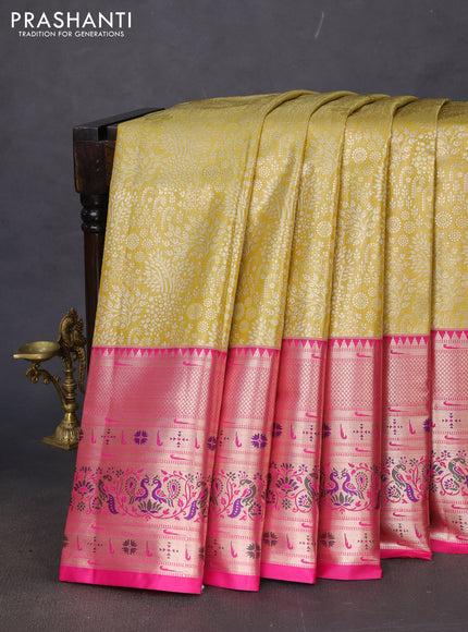 Tissue paithani silk saree mustard yellow and pink with allover silver zari woven brocade weaves and long zari woven paithani style border