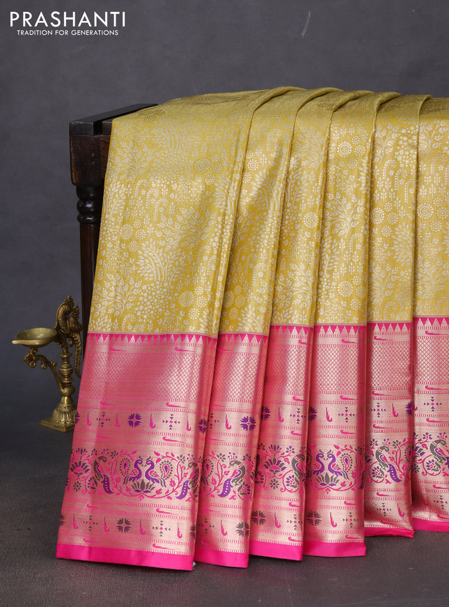 Tissue paithani silk saree mustard yellow and pink with allover silver zari woven brocade weaves and long zari woven paithani style border