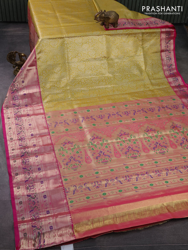 Tissue paithani silk saree mustard yellow and pink with allover silver zari woven brocade weaves and long zari woven paithani style border