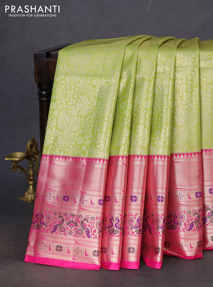 Tissue paithani silk saree light green and pink with allover silver zari woven brocade weaves and long zari woven paithani style border