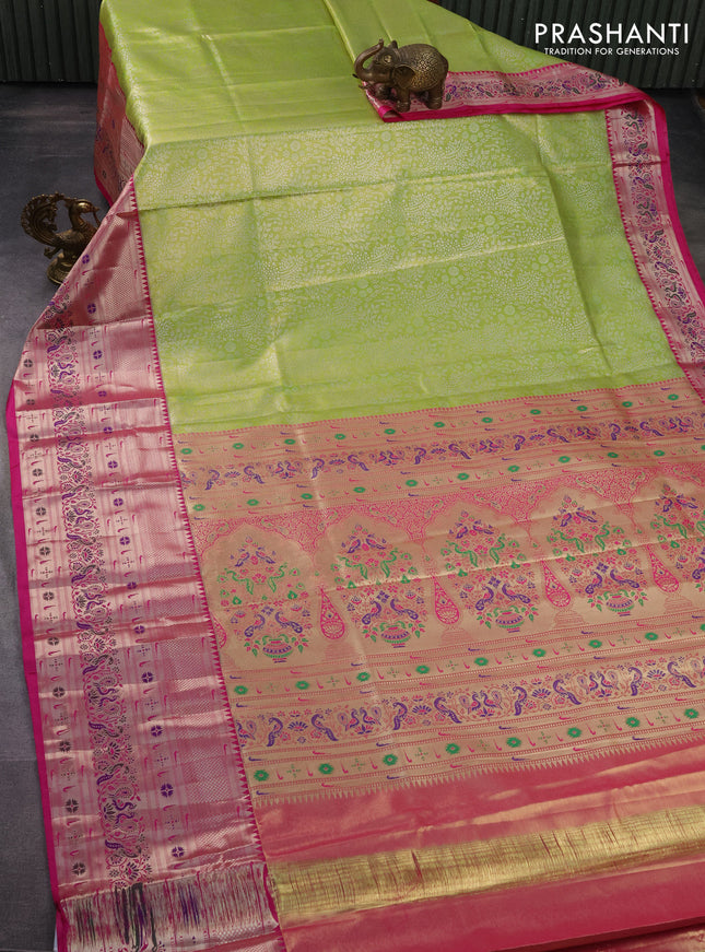 Tissue paithani silk saree light green and pink with allover silver zari woven brocade weaves and long zari woven paithani style border