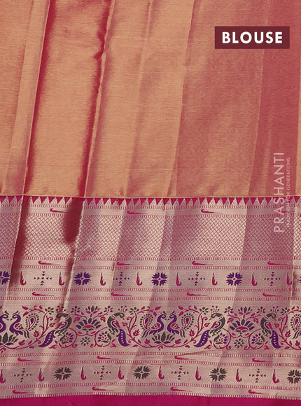 Tissue paithani silk saree light green and pink with allover silver zari woven brocade weaves and long zari woven paithani style border