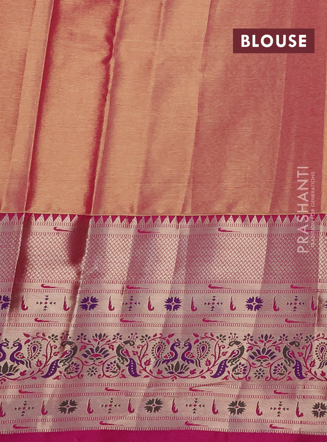 Tissue paithani silk saree light green and pink with allover silver zari woven brocade weaves and long zari woven paithani style border