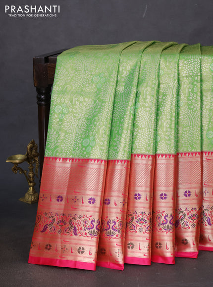 Tissue paithani silk saree light green and pink with allover silver zari woven brocade weaves and long zari woven paithani style border