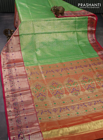 Tissue paithani silk saree light green and pink with allover silver zari woven brocade weaves and long zari woven paithani style border