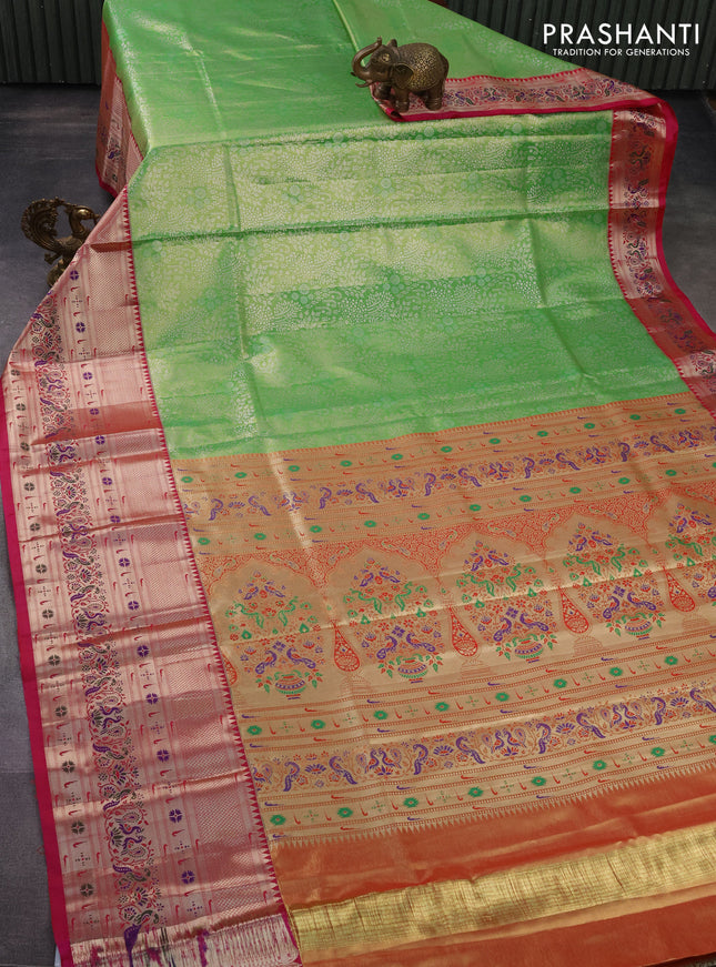 Tissue paithani silk saree light green and pink with allover silver zari woven brocade weaves and long zari woven paithani style border