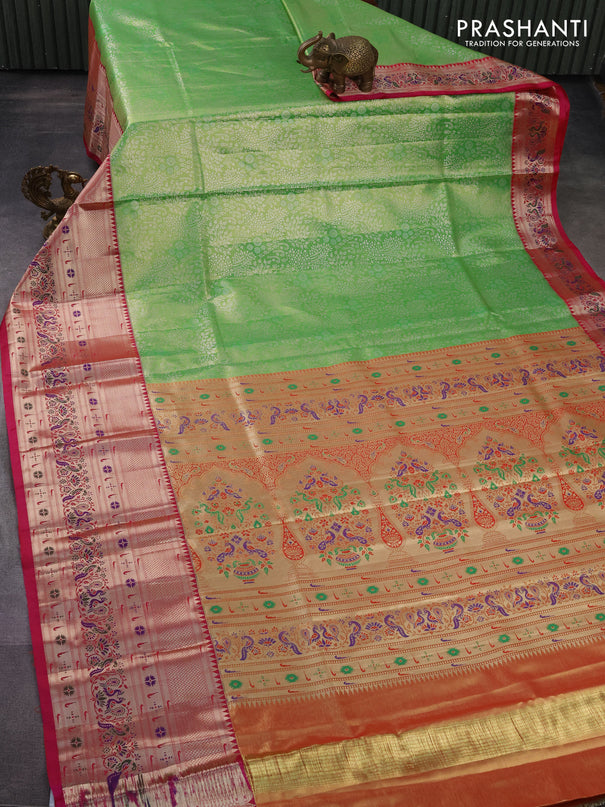 Tissue paithani silk saree light green and pink with allover silver zari woven brocade weaves and long zari woven paithani style border