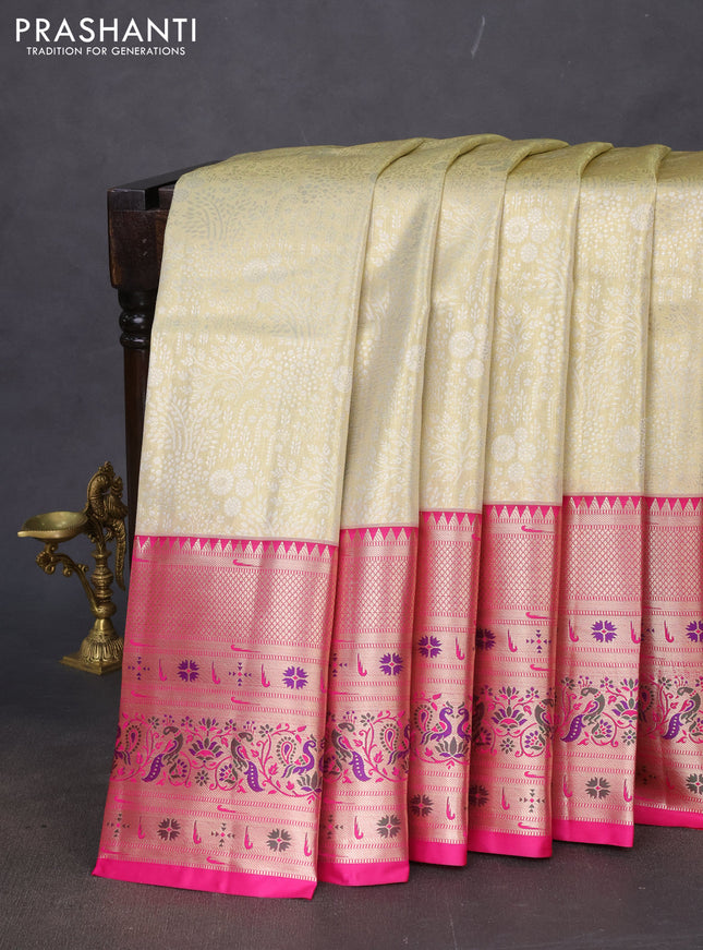 Tissue paithani silk saree cream and pink with allover silver zari woven brocade weaves and long zari woven paithani style border