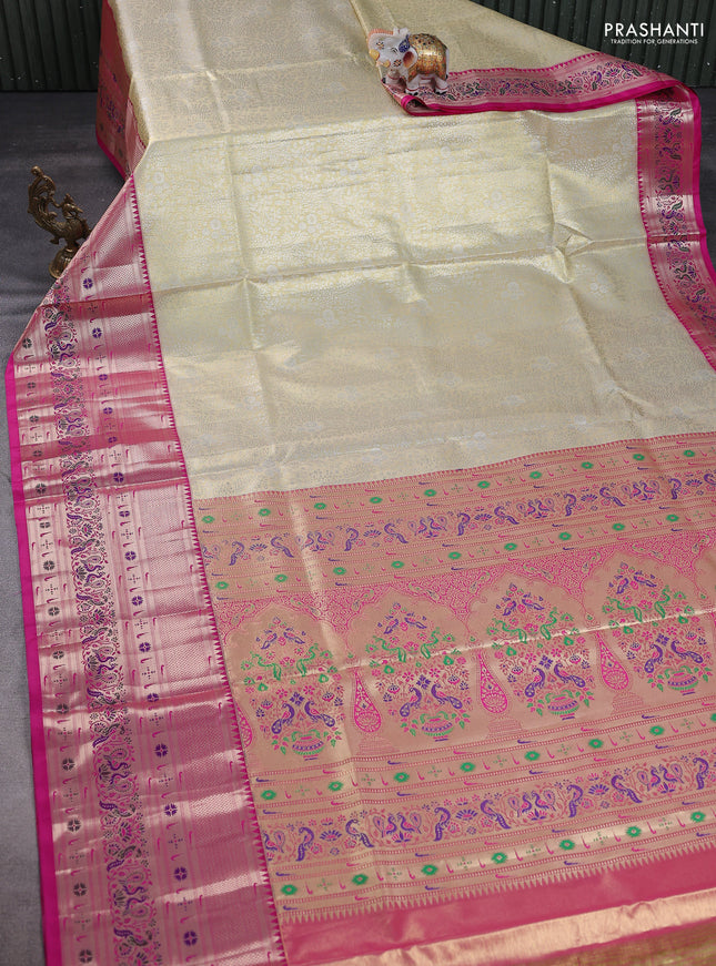 Tissue paithani silk saree cream and pink with allover silver zari woven brocade weaves and long zari woven paithani style border