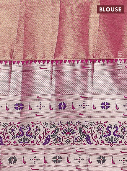Tissue paithani silk saree cream and pink with allover silver zari woven brocade weaves and long zari woven paithani style border