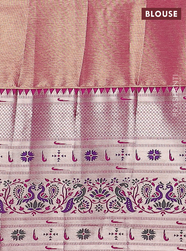Tissue paithani silk saree cream and pink with allover silver zari woven brocade weaves and long zari woven paithani style border