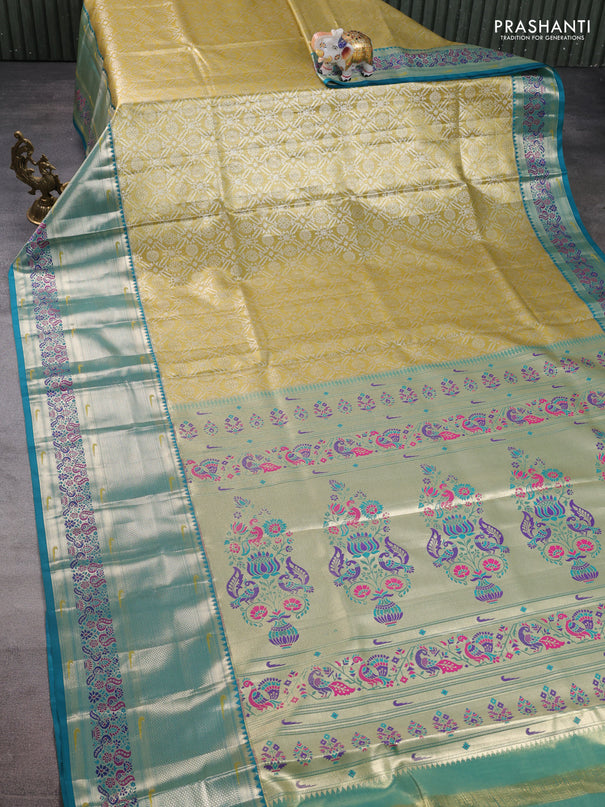 Tissue paithani silk saree mustard yellow and teal green with allover silver zari woven brocade weaves and long zari woven paithani style border