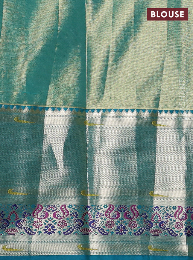 Tissue paithani silk saree mustard yellow and teal green with allover silver zari woven brocade weaves and long zari woven paithani style border