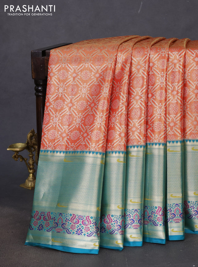 Tissue paithani silk saree orange shade and peacock green with allover silver zari woven brocade weaves and long zari woven paithani style border