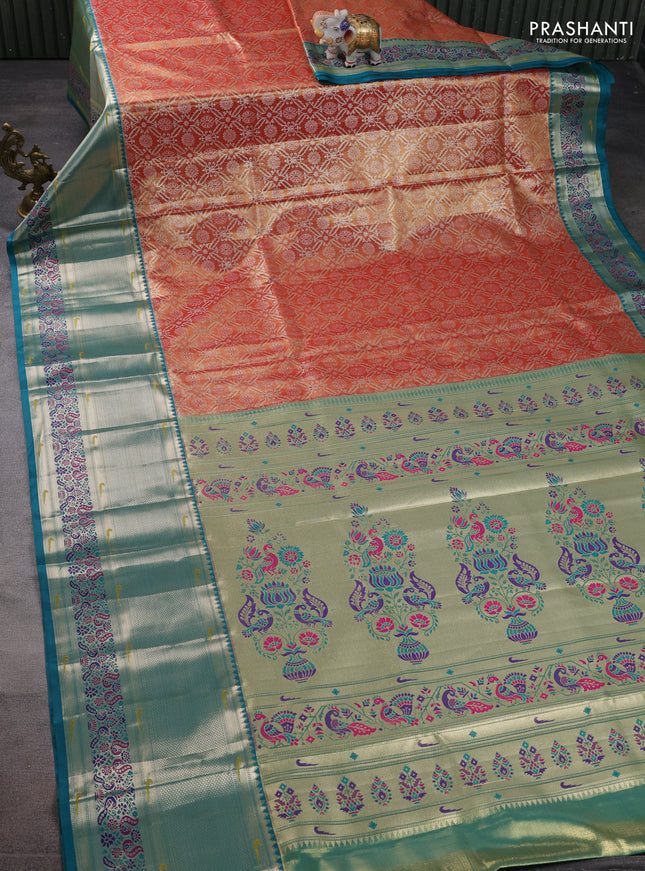 Tissue paithani silk saree orange shade and peacock green with allover silver zari woven brocade weaves and long zari woven paithani style border
