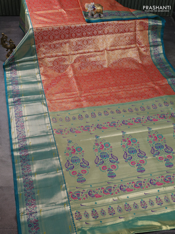 Tissue paithani silk saree orange shade and peacock green with allover silver zari woven brocade weaves and long zari woven paithani style border