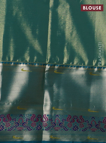 Tissue paithani silk saree orange shade and peacock green with allover silver zari woven brocade weaves and long zari woven paithani style border