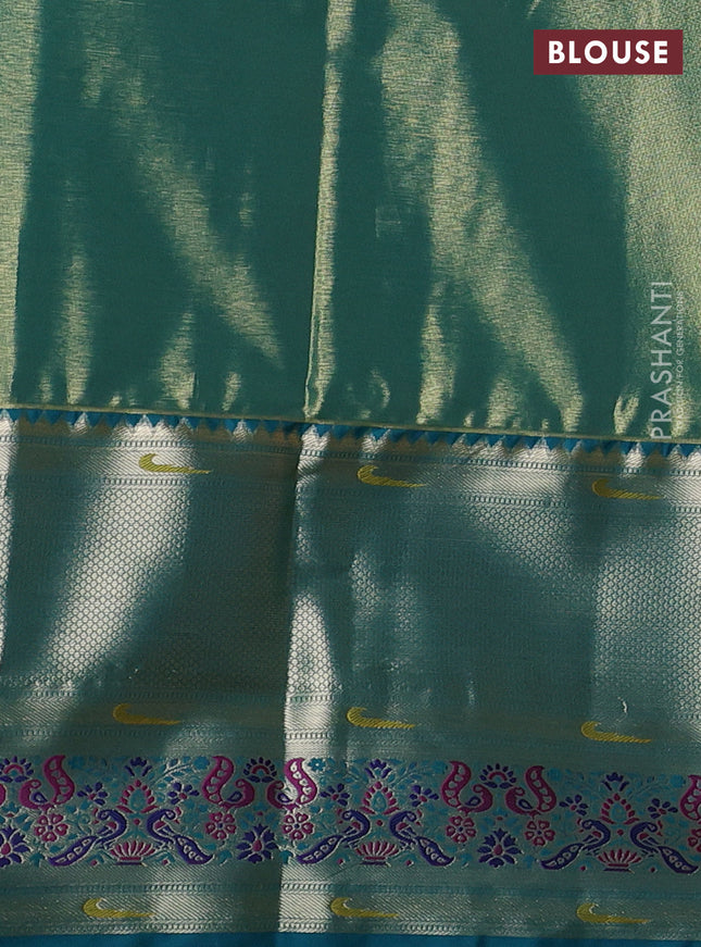 Tissue paithani silk saree orange shade and peacock green with allover silver zari woven brocade weaves and long zari woven paithani style border