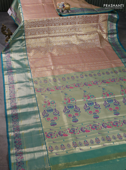 Tissue paithani silk saree dual shade of sandal and teal green with allover silver zari woven brocade weaves and long zari woven paithani style border