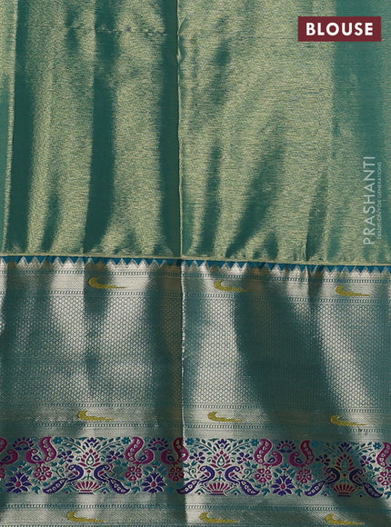 Tissue paithani silk saree dual shade of sandal and teal green with allover silver zari woven brocade weaves and long zari woven paithani style border