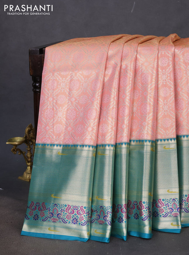 Tissue paithani silk saree peach pink and peacock green with allover silver zari woven brocade weaves and long zari woven paithani style border