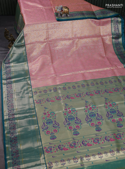 Tissue paithani silk saree peach pink and peacock green with allover silver zari woven brocade weaves and long zari woven paithani style border