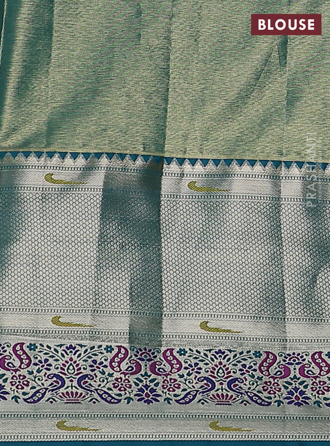 Tissue paithani silk saree peach pink and peacock green with allover silver zari woven brocade weaves and long zari woven paithani style border