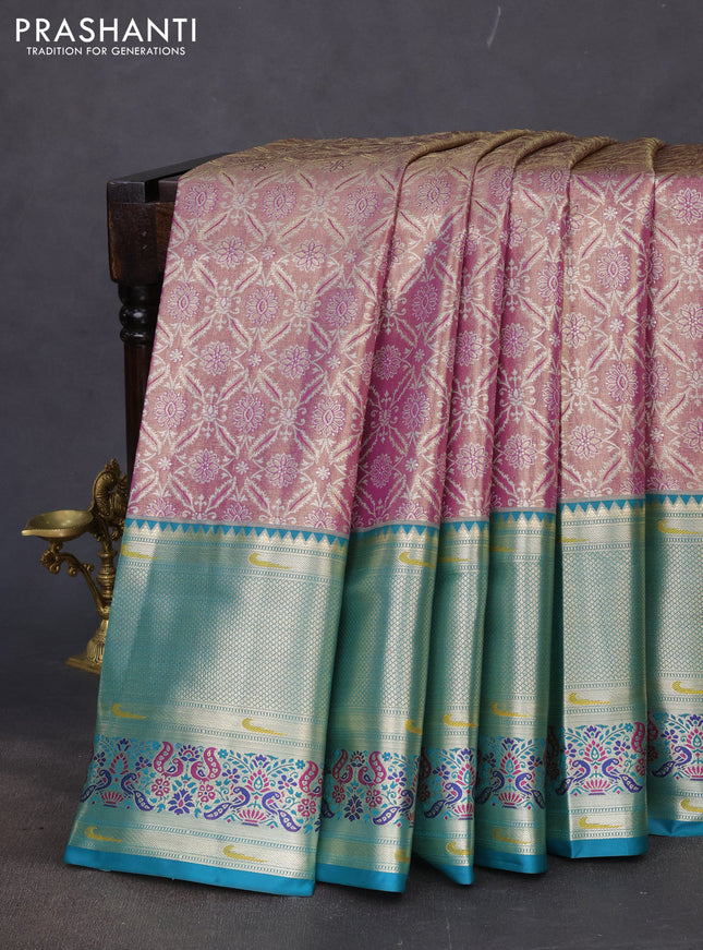 Tissue paithani silk saree purple shade and teal green with allover silver zari woven brocade weaves and long zari woven paithani style border
