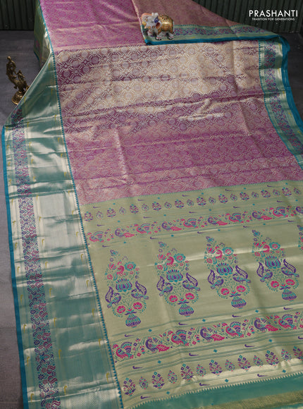 Tissue paithani silk saree purple shade and teal green with allover silver zari woven brocade weaves and long zari woven paithani style border