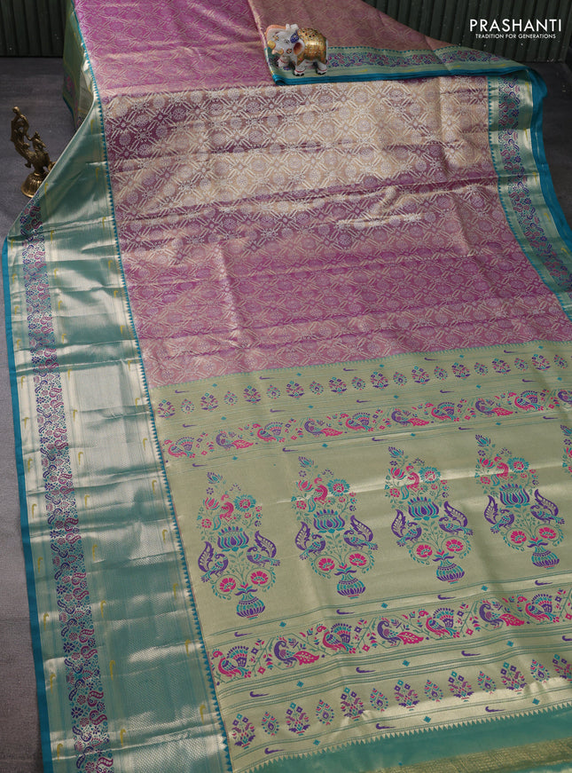 Tissue paithani silk saree purple shade and teal green with allover silver zari woven brocade weaves and long zari woven paithani style border